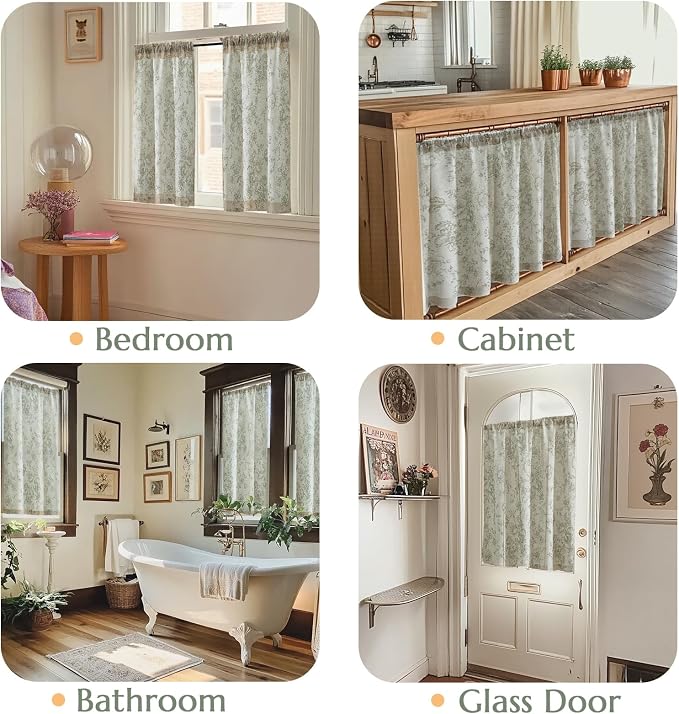jinchan Floral Linen Tier Curtains 30 Inch Farmhouse Botanic Cafe Drapes for Small Windows Rustic Half Window Curtains for Kitchen Living Room Bathroom Laundry 2 Panels Green on Beige