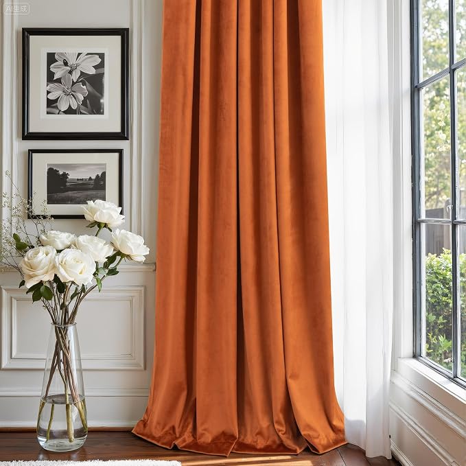 Burnt Orange Velvet Curtains 96 Inches Long for Bedroom 2 Panels Back Tab Luxury Textured Light Blocking Soundproof Autumn Drapes Rust Terracotta Living Room Darkening Curtains Boho Modern Farmhouse