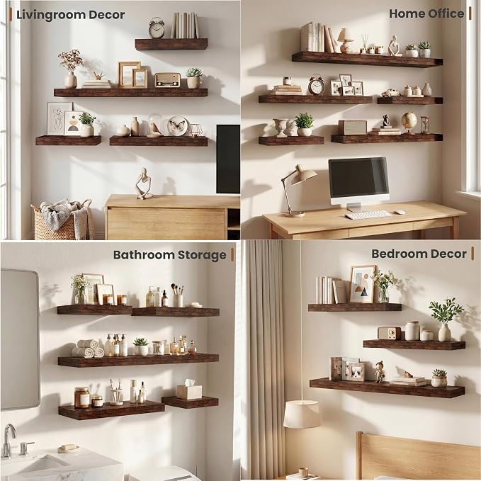 Vivelove 12" Deep Floating Shelves 47.2" Long, Wall Shelves for Living Room Bedroom Bathroom Kitchen Laundry Room, Farmhouse Rustic Shelves for Home Decor, 47.2" X 12" X 2" Set of 2, Rustic Brown
