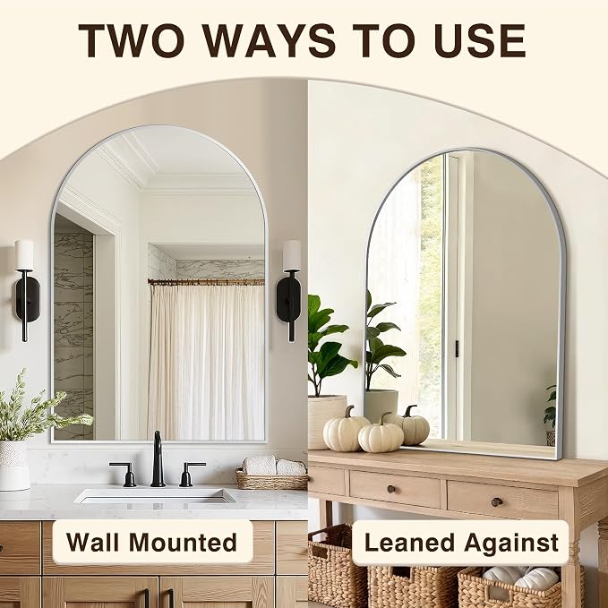 Bathroom Vanity Mirror for Wall, 38”x26” Arched Bathroom Mirror for Over Sink, Arched Metal Frame for Bedroom, Living Room, Entryway, Hanging or Leaning, Silver