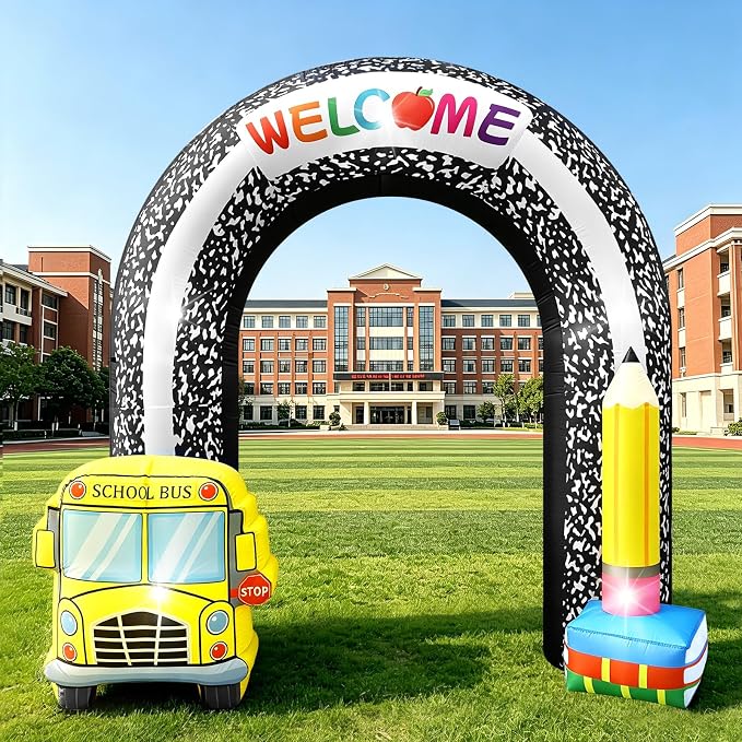 8FT Welcome Back to School Inflatable Arch Outdoor Decorations, Composition Blow Up Arch with Pencil School Bus Built-in 5 LED Lights for First Day of School Party Garden Yard Lawn Photo Backdrop
