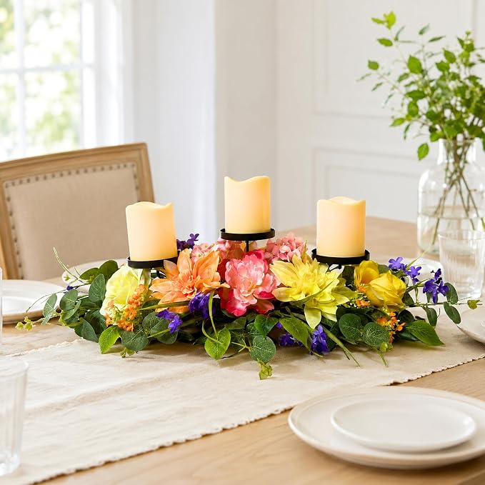 Svndlyn Spring Summer Candle Holder Centerpiece with Colorful Flowers | 3 Candle Plates, Peach Dahlia, Yellow Rose, Purple Flowers and Eucalyptus Leaves for Dining Table, Coffee Table and Mantel