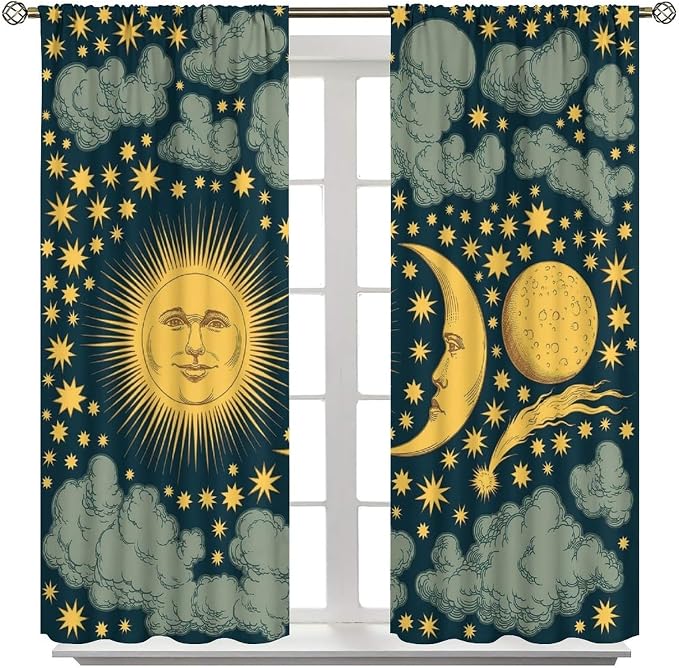 Sun Moon Blackout Window Curtains, Bohemian Sun Moon Star Pattern Print Window Drapes, for Living Room Bedroom 52x84in 2 Panels