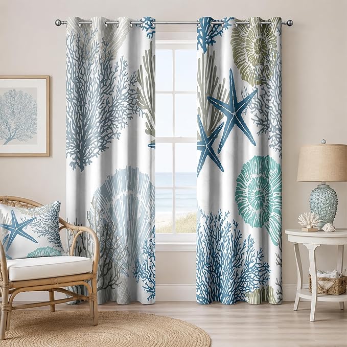 Blue Teal Coastal Window Curtains, Beach Nautical Starfish Coral Window Drapes Blackout Treatment Darkening Thermal Insulated Grommet for Living Room Bedroom Decor 2 Panels 52x63 Inches