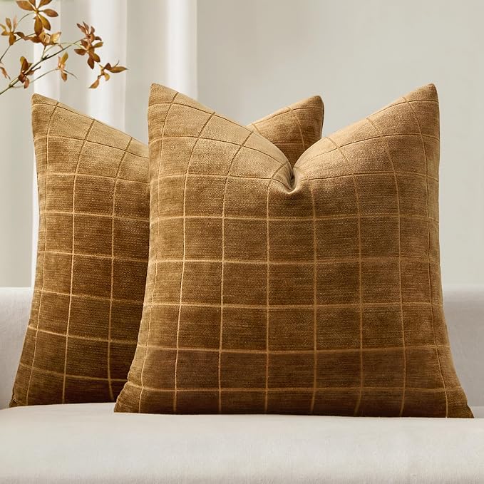 MIULEE Brown Sugar Plaid Fall Decor Throw Pillow Covers 22x22 Set of 2 | Vintage Check Chenille Couch Pillows Boho Farmhouse Cushion Covers Modern Fall Home Decor for Sofa Bed Living Room