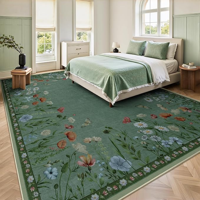 8x10 Area Rugs, Machine Washable Low Pile Floral Rugs for Living Room, Bedroom, Large Area Rug with Non-Slip Backing for Dining Room(Green)