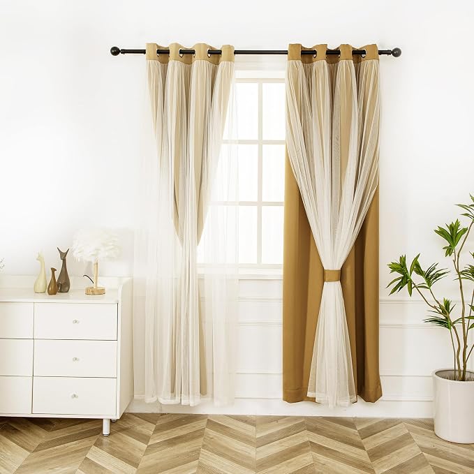 INLINAS 52 x 96 Inches Gold Blackout Curtains with Sheer Overlay - Grommet Top Thermal and Noise Reduction Panels for Bedroom and Living Room Light Blocking and Energy Saving, Set of 2