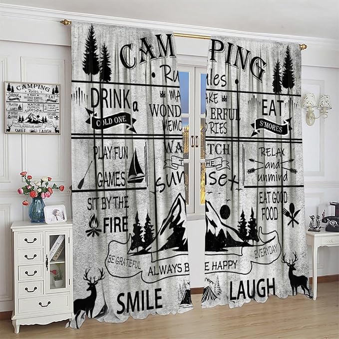 Farmhouse Camping Rules Blackout Curtains Vintage Rustic Vintage Farm Black and White Deer Mountain Adventure Forest Windows Treatments for Kitchen Farm Living Room Bedroom 63x63in