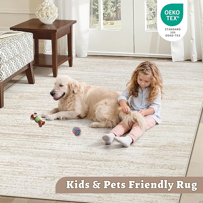 Area Rug 5x7 Living Room Rugs: Washable Modern Rug Non-Slip Soft Rugs Stain Resistant Printed Rug Indoor Carpet for Bedroom Kitchen Dining Room Nursery Home(Beige, 5'x7')