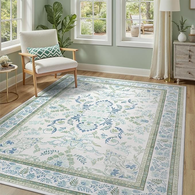 DCX Green 3x5 Rug, Kid & Pet Friendly with Rubber Back Non Slip, Machine Washable Stain Resistant Botanical Floral Rug for Bathroom, Kitchen, Soft Low Pile Small Carpet