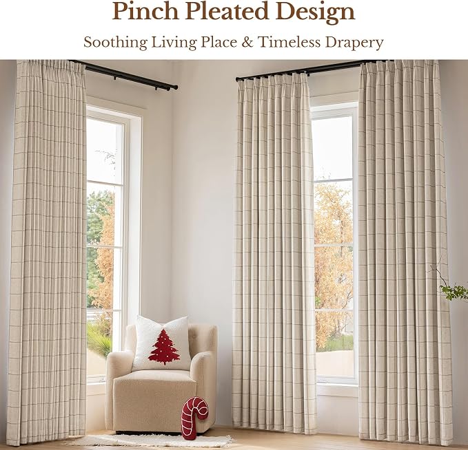 THREE GIRLS Plaid Pinch Pleated Curtains - Modern Luxury Linen Buffalo Blackout Drapes, Thermal Insulated Double Layer Window Panels for Living Room Bedroom, 90 Inches Long Brown 2 Panels Set