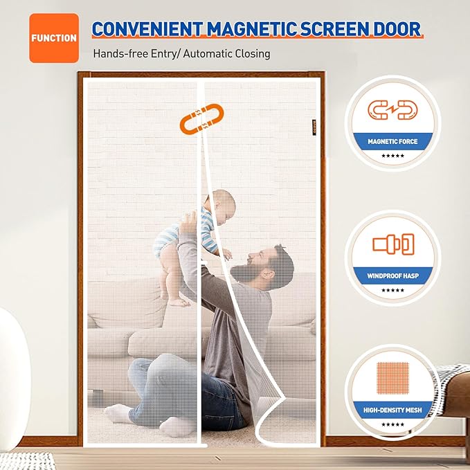 MAGZO Magnetic Screen Door Fit Door Size 48 x 80 Inch, Screen Size 50" x 81" Strong Magnet Door Mesh with Reinforced Hook & Loop for Patio, Sliding, French, White