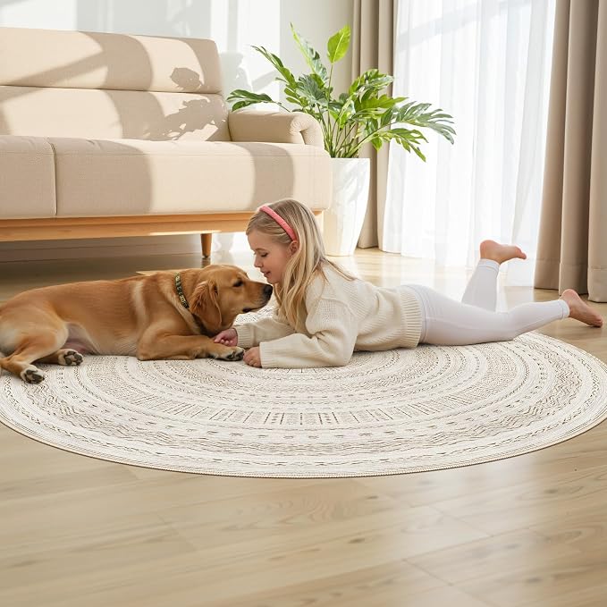 cotiled 5x5 Round Area Rugs Living Room Rug: Washable Boho Rugs with Non Slip Backing Large Soft Indoor Stain Resistant Carpet for Bedroom Farmhouse Dining Room Lightweight Home Decor Brown/Cream