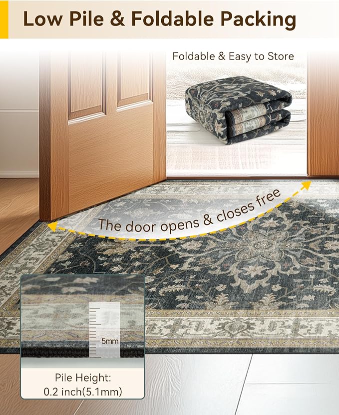 RELEANY Area Rugs Runner 2'6"x5' Washable Non-Slip, Floral Vintage Distress Medallion Carpet for Kitchen Hallway Bedroom Beside Laundry Room Bathroom, Vintage Black Brown Neutral