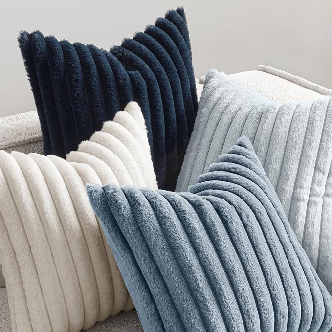 MIULEE Faux Fur Plush Decorative Throw Pillow Covers 24x24 Set of 4, Spring Modern Soft Fuzzy Coastal Striped Cushion Covers for Sofa Couch Bed Living Room Cozy Home Decor,Navy Blue