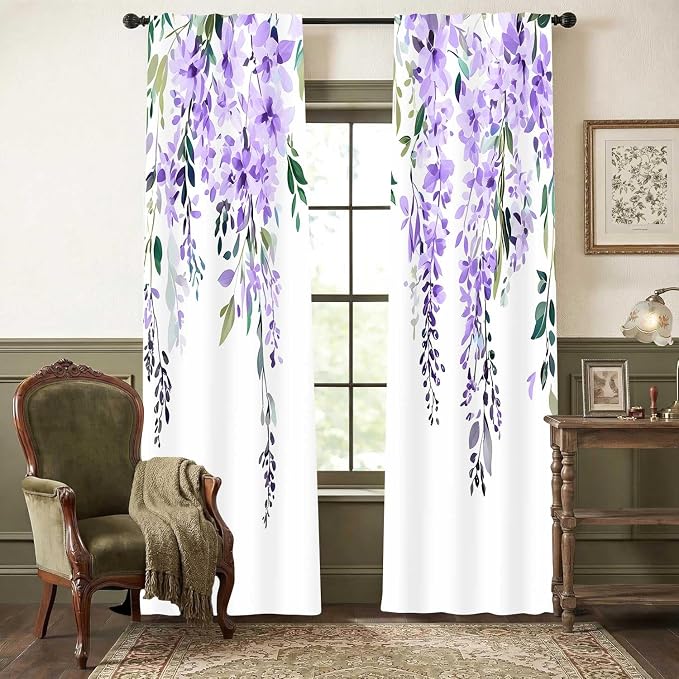 Purple Watercolor Floral Curtains, Botanical Leaves Vine Flowers Curtain, Rustic Farmhouse Flower Leaf Blackout Window Treatment Drapes for Bedroom Living Room 52x72 inch, 2 Panels