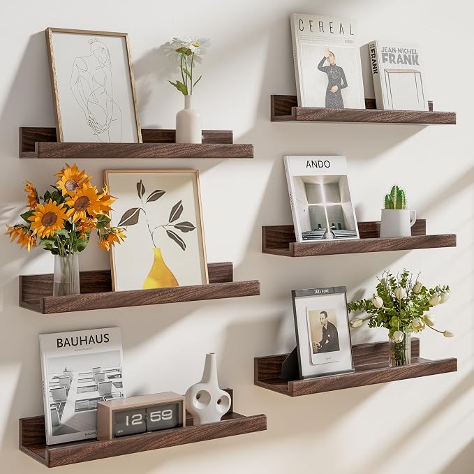 Heimlove Floating Shelves Set of 6, 16" Wall Mounted Picture Ledge, Display Shelf Organizer for Decor Storage, Wall Mounted Shelves for Living Room, Bedroom, Bathroom, Kitchen (Walnut)
