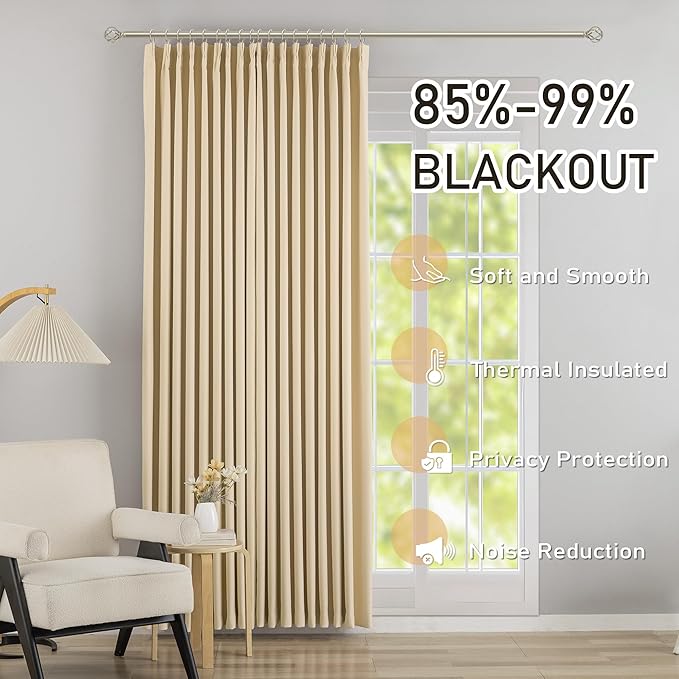 DONREN Beige Pinch Pleated Blackout Curtains with Hooks - 90 inch Length Room Darkening Thermal Insulated Window Curtain Panels for Living Room Bedroom 2 Panel 40" Wx90 L