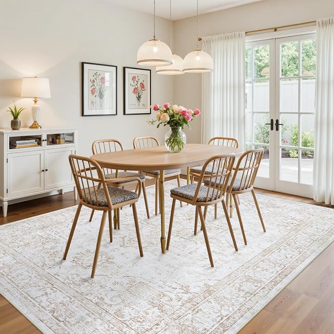 9x12 Area Rugs for Living Room:Beige Washable Vintage Medallion Rug Non-Slip Soft Low Pile Large Rugs Indoor Retro Carpet for Bedroom Kitchen Nursery Dining Table Office (Beige, 9'x12')