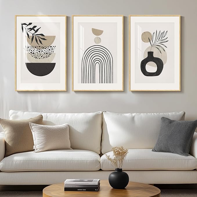 Framed Neutral Boho Wall Art Bedroom, 3 Piece Beige Mid Century Modern Paintings Prints Artwork for Walls, Large Bohemian Geometric Pictures for Living Room, Home Office Kitchen Wall Decor, 16x24 Inch