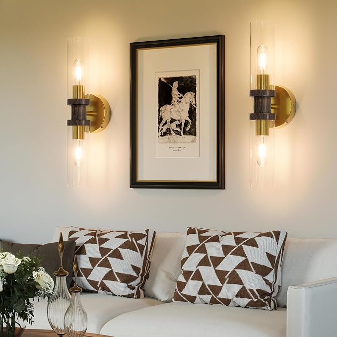 Rayogale Gold & Walnut Wireless Battery Operated Wall Sconce with Remote | Dimmable Rechargeable Wall Lights Set of 2, Timer, No Hardwire, Touch Control, 8000mAh, 3000K, Glass, Emergency, 16.5 Inch