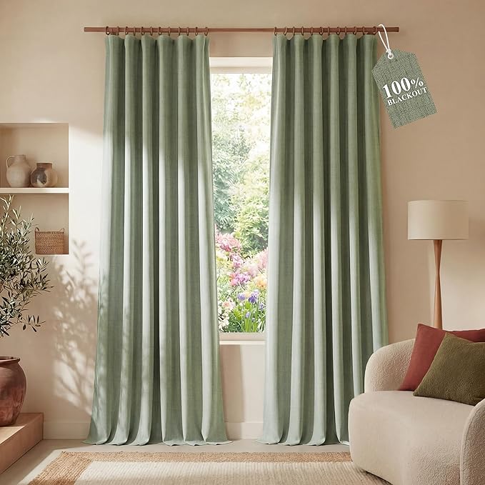 NICETOWN Farmhouse Linen Textured 100% Blackout Curtains 2 Panels, Hook Belt/Back Tab/Pocket Thermal Insulated Room Darkening Window Treatments for Bedroom, Sage Green, 52" W x 90" L