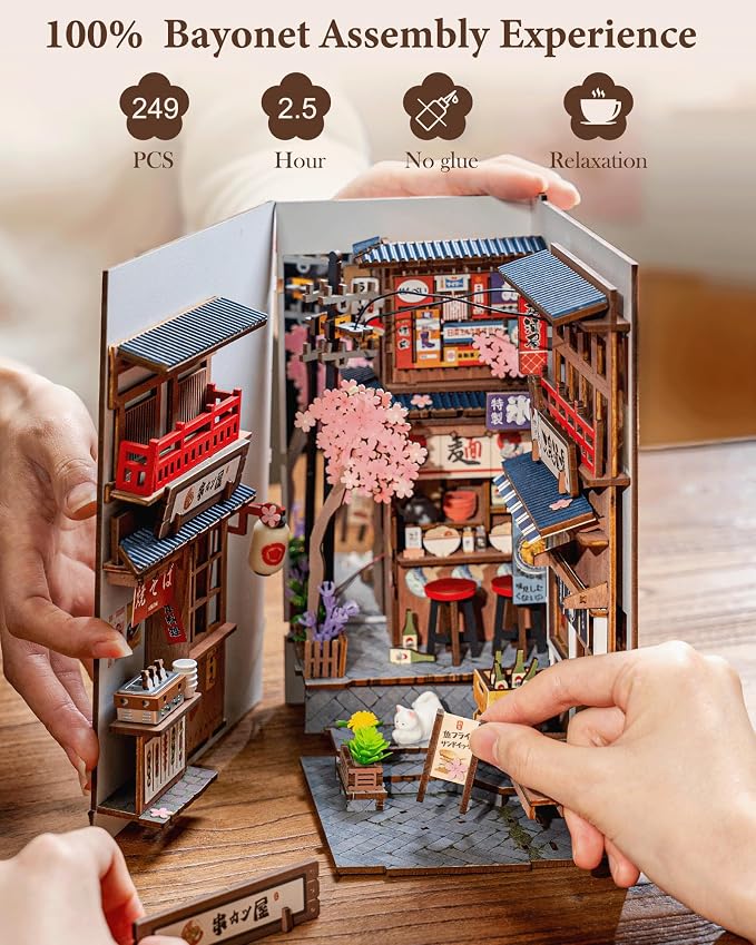 Rolife Book Nook Kit Sakura Wine Alley, 3D Wooden Puzzle Booknook for Bookshelf Decor, Japanese-Inspired Sakura Theme Creative DIY Miniature Dollhouse Kit, Crafts Gifts for Adults, Teens & Book Lovers