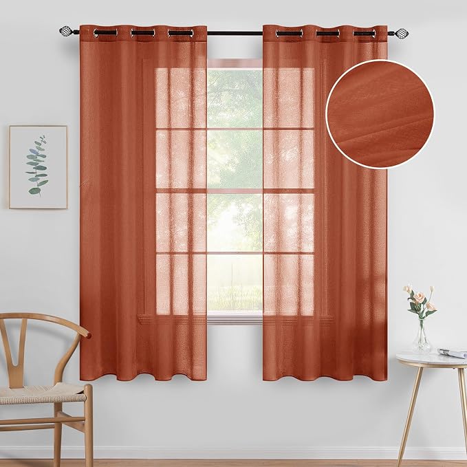 MIULEE 2 Panels Terracotta Semi Sheer Window Curtains Elegant Grommet Top Window Voile Drapes/Treatment Linen Textured Panels for Bedroom Living Room Rust Boho Retro Fall Decor (54X63 Inches)