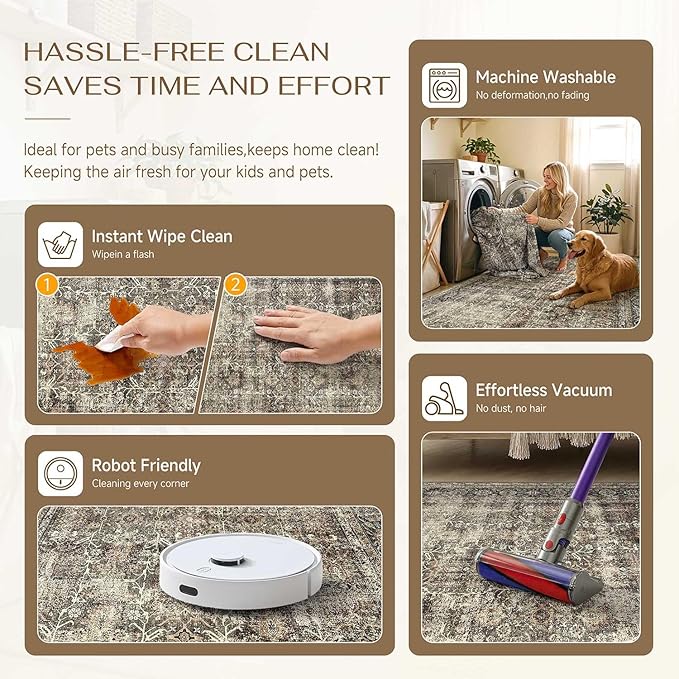 PureCozy Brown Round Area Rug 4ft Entryway 4x4 Circle Vintage Indoor Kitchen Washable Door Mat Living Room Carpet Non Slip Traditional Distressed Retro Accent Throw Rug Office Dining Room Bathroom