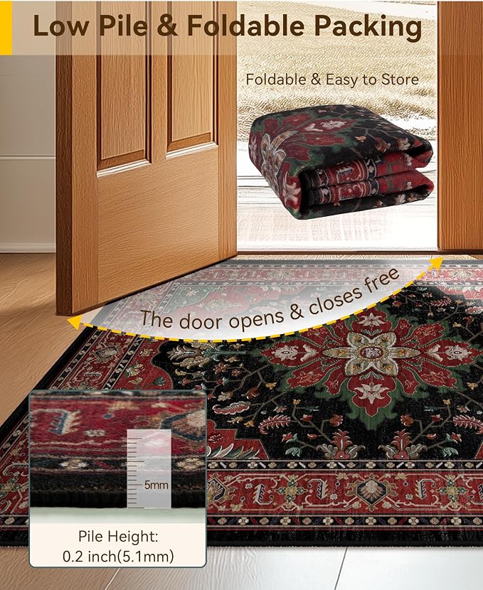 RELEANY Area Rugs Large 10'x12' Washable Non-Slip, Floral Vintage Distress Medallion Carpet for Living Room Bedroom Dining Room, Red Black