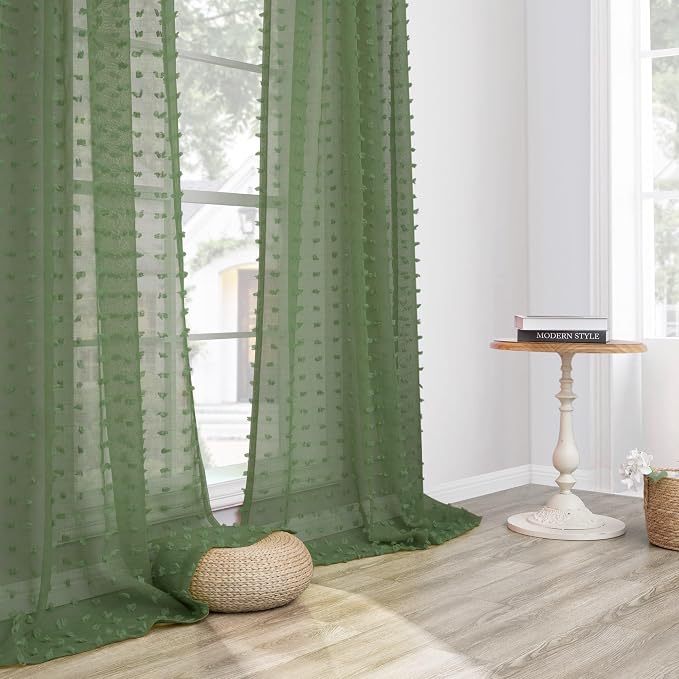Olive Green Sheer Curtains 84 Inch Length for Bedroom Living Dining Room Country Farmhouse Pom Pom Design Window Treatments Drapes Boho Decor Christmas Green Voile Sheer Curtains 2 Panels Set Back Tab