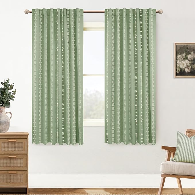 Sage Green Cottage Core Curtains 63 Inch Length for Bedroom 2 Panel Set, Light Green Floral Striped Patterned Semi Blackout Boho Cottagecore Curtains for Living Room Nursery, 63 Inches Long