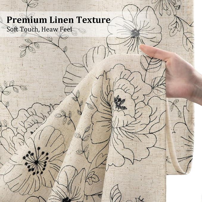 Boho Floral Curtains, Vintage Farmhouse Curtains 84 Inches Long, Black Cottage Core Flower 2 Panels