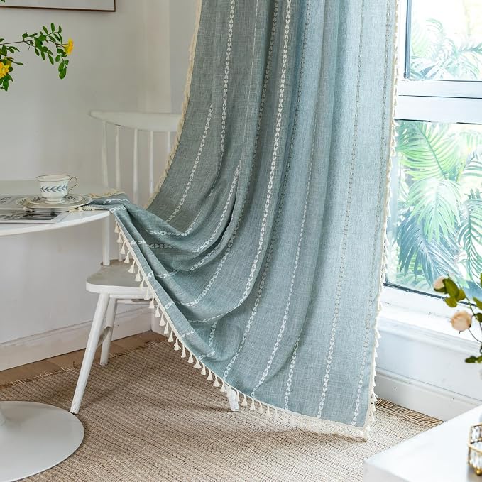 OYX Boho Curtains 84 Inch Length, Cotton Linen Semi Blackout Window Curtains with Tassels for Bedroom, Taupe Stripes Embroidery Bohemian Retro Drapes, Farmhouse Window Treatment 2 Panel, 52Wx84L