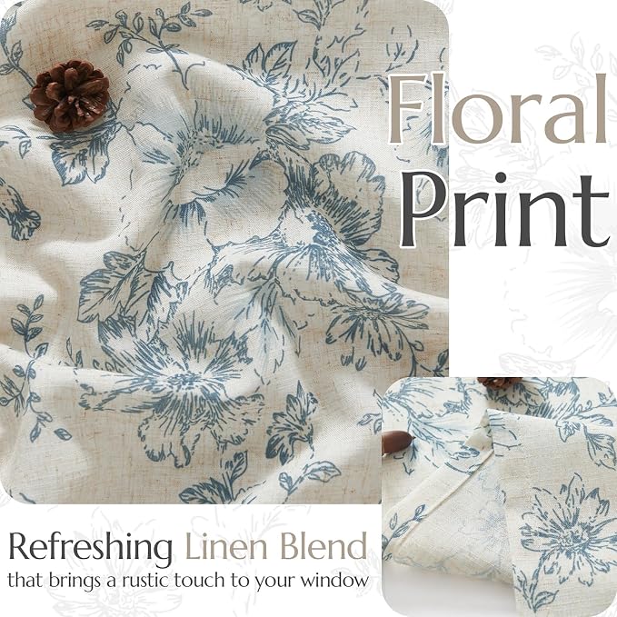 jinchan Floral Linen Tier Curtains Blue Flower on Beige Cafe Curtains 24 Inch Length Kitchen Living Room Bedroom Bathroom Farmhouse Rustic Country Rod Pocket 2 Panels
