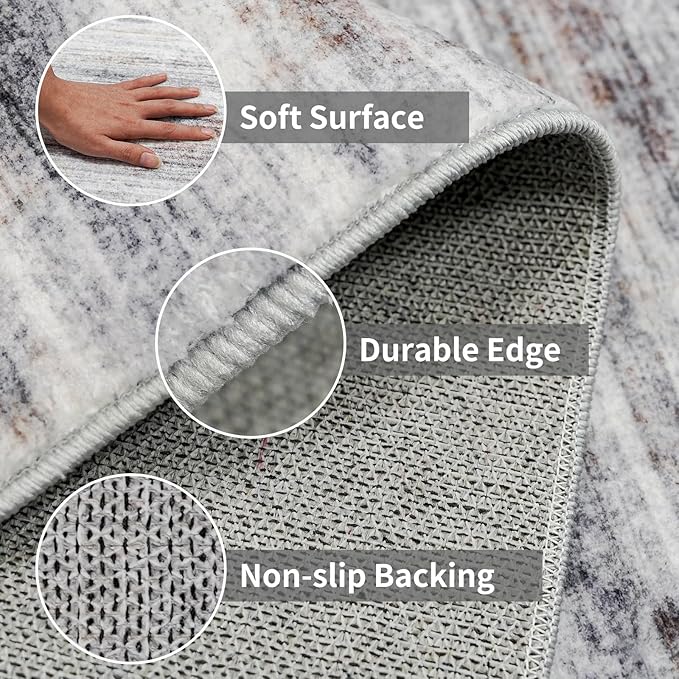 2x5 Washable Runner Rug for Family: Easy-to-Clean Runners for Hallway Entryway Bedroom - Stain and Water Resistant Rugs with Non-Slip Backing - Soft Low-Pile Carpet Beige Grey