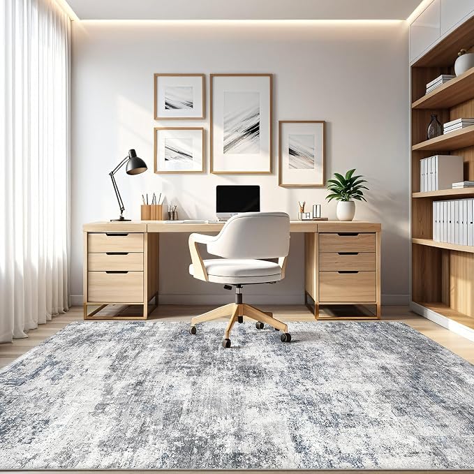 7x9 Area Rug Living Room: Washable Large Abstract Neutral Modern Soft Rugs Stain Resistant Indoor Floor Non-Slip Accent Carpet for Bedroom Nursery Playroom Office Dining Room Home Decor- Blue Gray