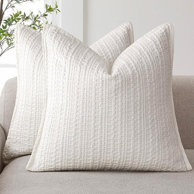 Foindtower Set of 2 Decorative Cotton Waffle Weave Throw Pillow Covers Euro Shams Cushion Covers Accent European Pillowcase for Bed Couch Sofa Bedroom Living Room Home Decor 24×24 Inch Cream White