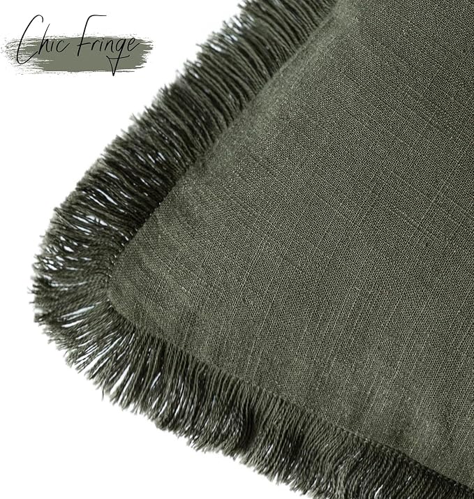 Foindtower Set of 2 Decorative Linen Fringe Throw Pillow Covers Cozy Farmhouse Cushion Cover with Tassels Accent Pillowcase for Couch Chair Sofa Bed Living Room Home Decor,22×22 Inch,Dark Olive Green