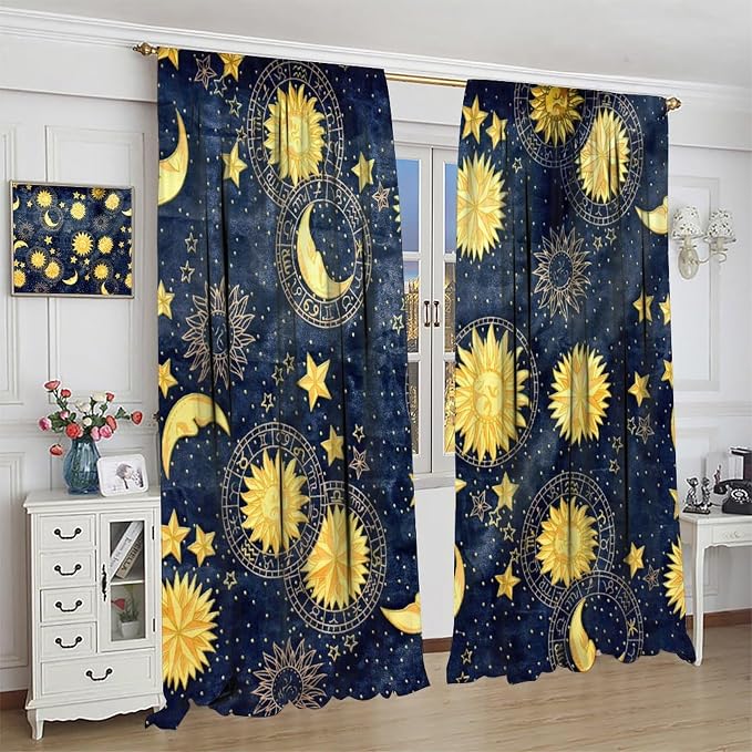 Boho Sun Moon Blackout Window Curtains, Bohemian Golden Sun Moon Stars Print Rod Pocket Window Drapes, for Living Room Bedroom 72x63in 2 Panels