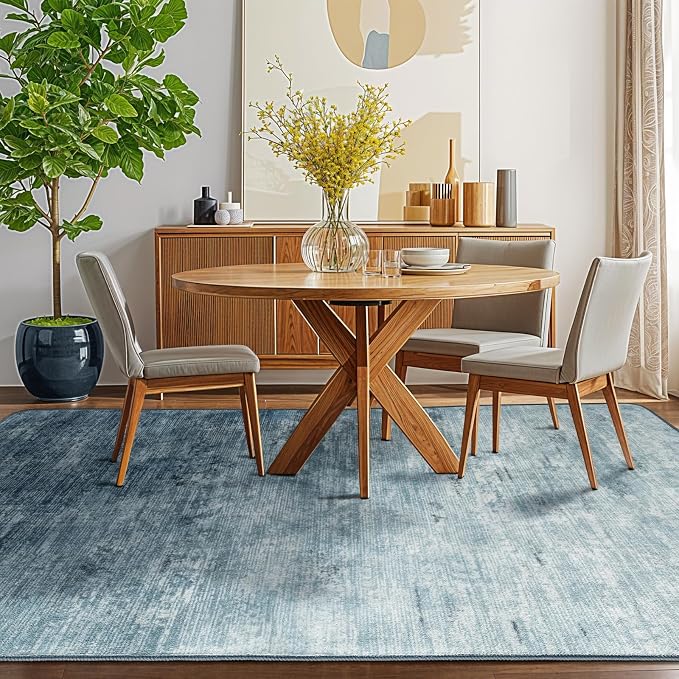 6x9 Washable Area Rug, Blue Solid Area Rugs for Living Room & Bedroom | Stain-resistant & Non-slip backing,Low Pile Washable Large Carpet, Solid Vintage Style For High Traffic Areas(6x9,Blue)