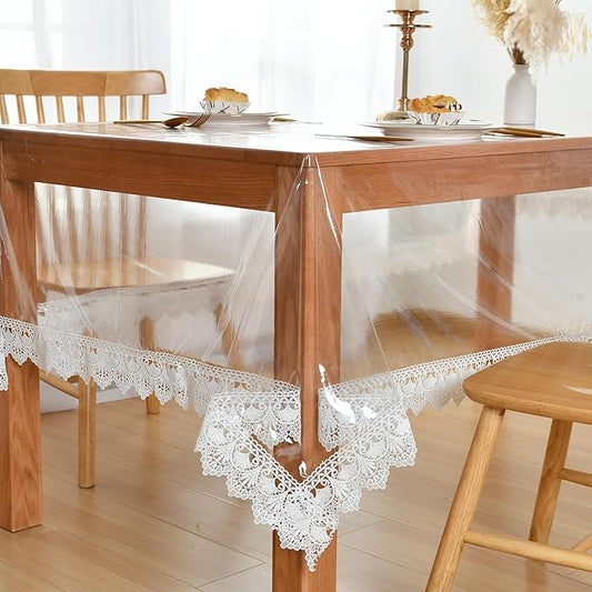 JIUZHEN Clear Vinyl Tablecloth Protector, Waterproof/Oil-Proof, Transparent Lace Trim Table Cloth for Dining, Easy Wipe Clean, Plastic Square Transparent Sheet Table Cover, 70"x70"