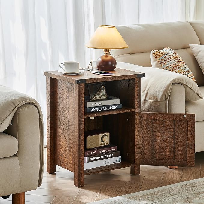 Joaxswe Night Stand Set of 2, 18 Inch Farmhouse Nightstand with Charging Station and USB Port, Rustic Wood Bedside Table with Magnetic Door, Bed Side Tables for Bedroom, Reclaimed Barnwood