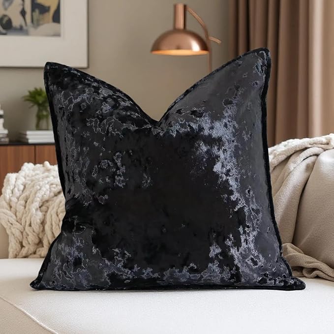 Velvet Pillow Cover Black 18x18 Inch - Luxury Crushed Velvet Decorative Throw Pillow Case for Living Room Sofa Bed (1 Pack)