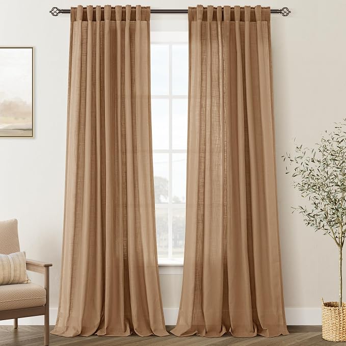 Brown Curtains for Living Room Back Tab Modern Farmhouse Semi Sheer Curtains 84 inches Long 2 Panels Set Muted Neutral Window Curtain for Dining Room Bedroom 52x84