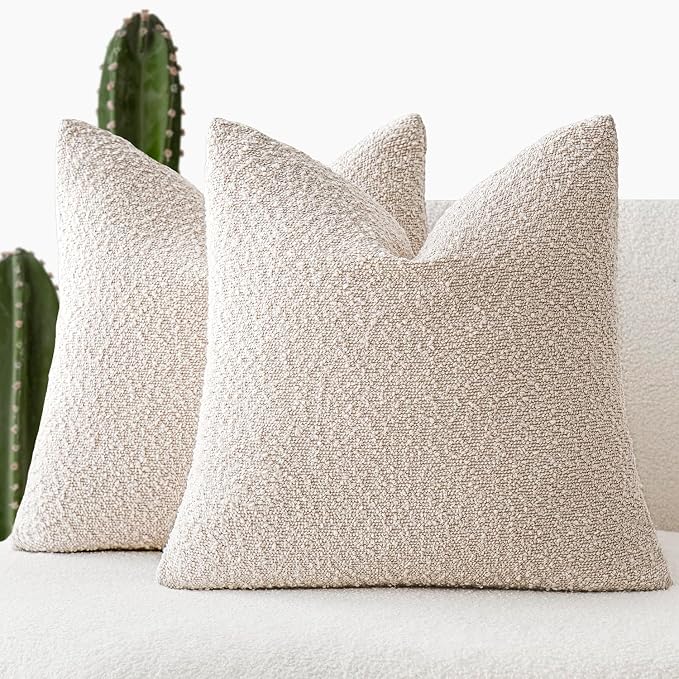 Foindtower Set of 2, Decorative Textured Boucle Throw Pillow Covers Accent Solid Pillow Cases Neutral Cozy Couch Cushion Case for Chair Sofa Bedroom Living Room Home Decor 16 x 16 Inch Ivory Beige