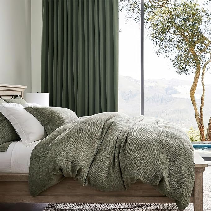 QJmydeco Elegant Blackout Curtains for Living Room Dark Olive Green Linen Blended Closet Cover Curtains 90 Inch Length 2 Panels Set Long Kitchen Drapes Back Tab/Rod Pocket/Hook Belt