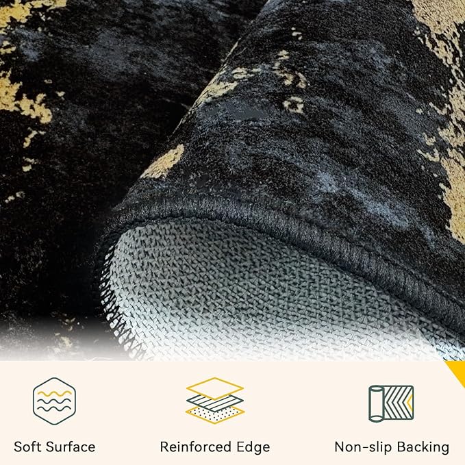 RELEANY Washable Area Rugs 10'x12' Non-Slip Modern Abstract Soft for Living Room Entryway Bedroom Kitchen, Print Pattern, Dark Black Gold