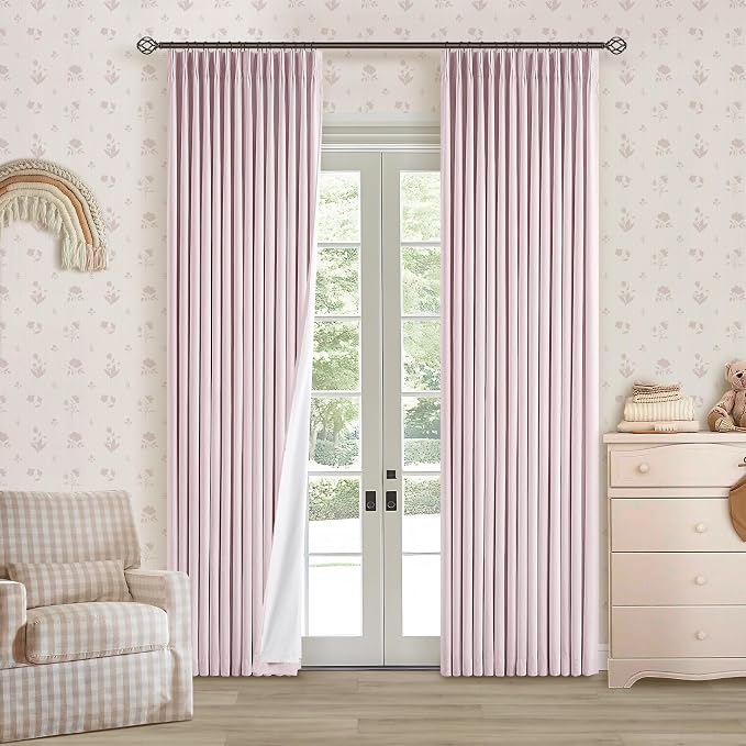 Baby Pink Linen Pinch Pleated Curtains Blackout 100% Black Out Curtains 80 Inches Long 2 Panels Pinch Pleat Two Layer Drapes with Liner Thermal Insulated Blackout Drapes for Nursery Girls Bedroom
