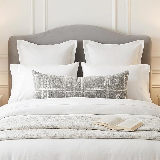 BlissBlush Decorative Lumbar Pillow Cover 14x36, Long Decorative Throw Pillow for Bed, Light Gray Boho Textured Chenille Accent Pillowcase for Bedroom Home Décor (Cover Only)